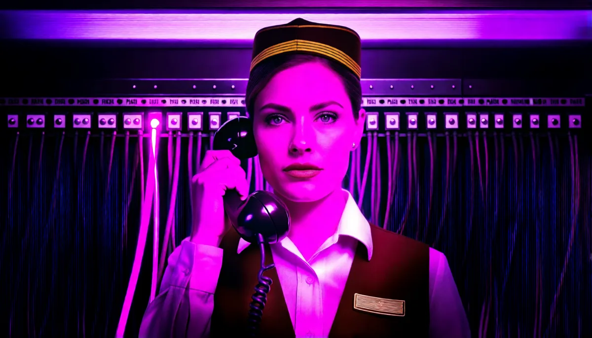 A switchboard operator at a wall of patch cables with one bright magenta cable plugged in firmly while the rest stay dim.