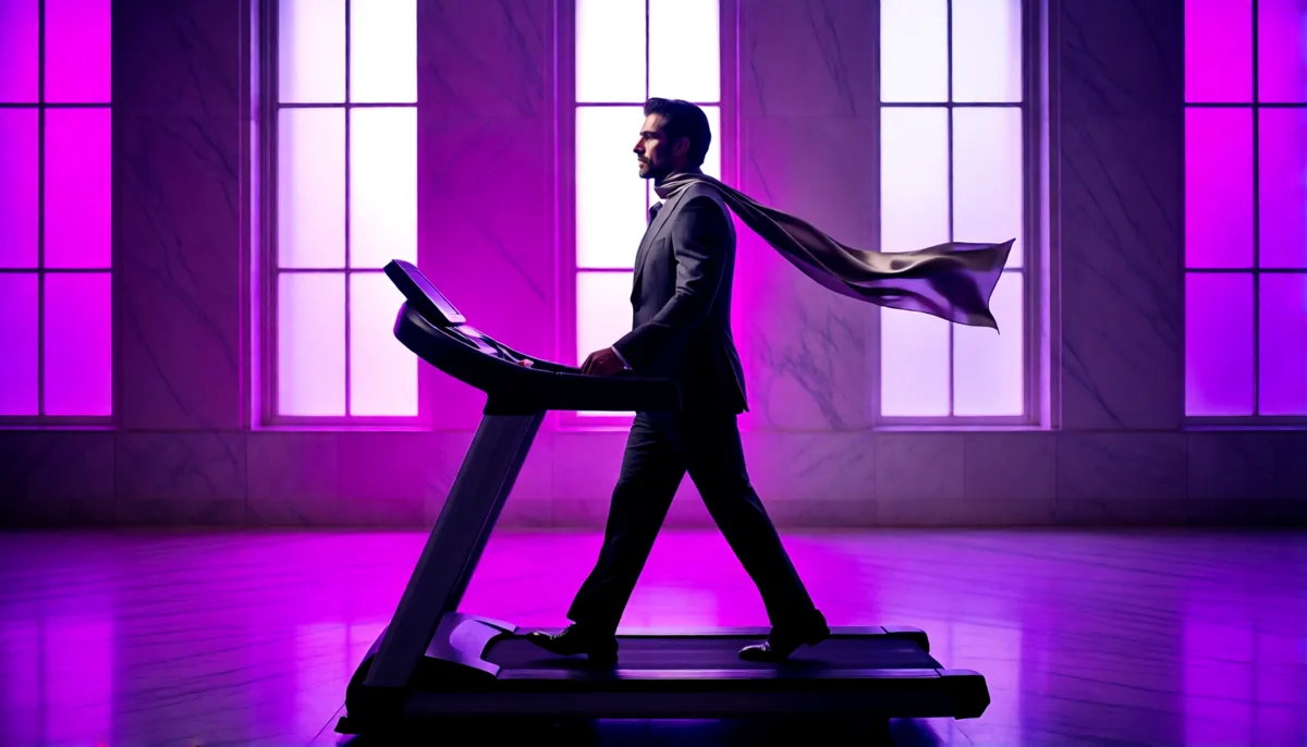 A man in a charcoal suit walking calmly on a treadmill in an empty marble gallery, a silk scarf floating behind him, the scene endless.